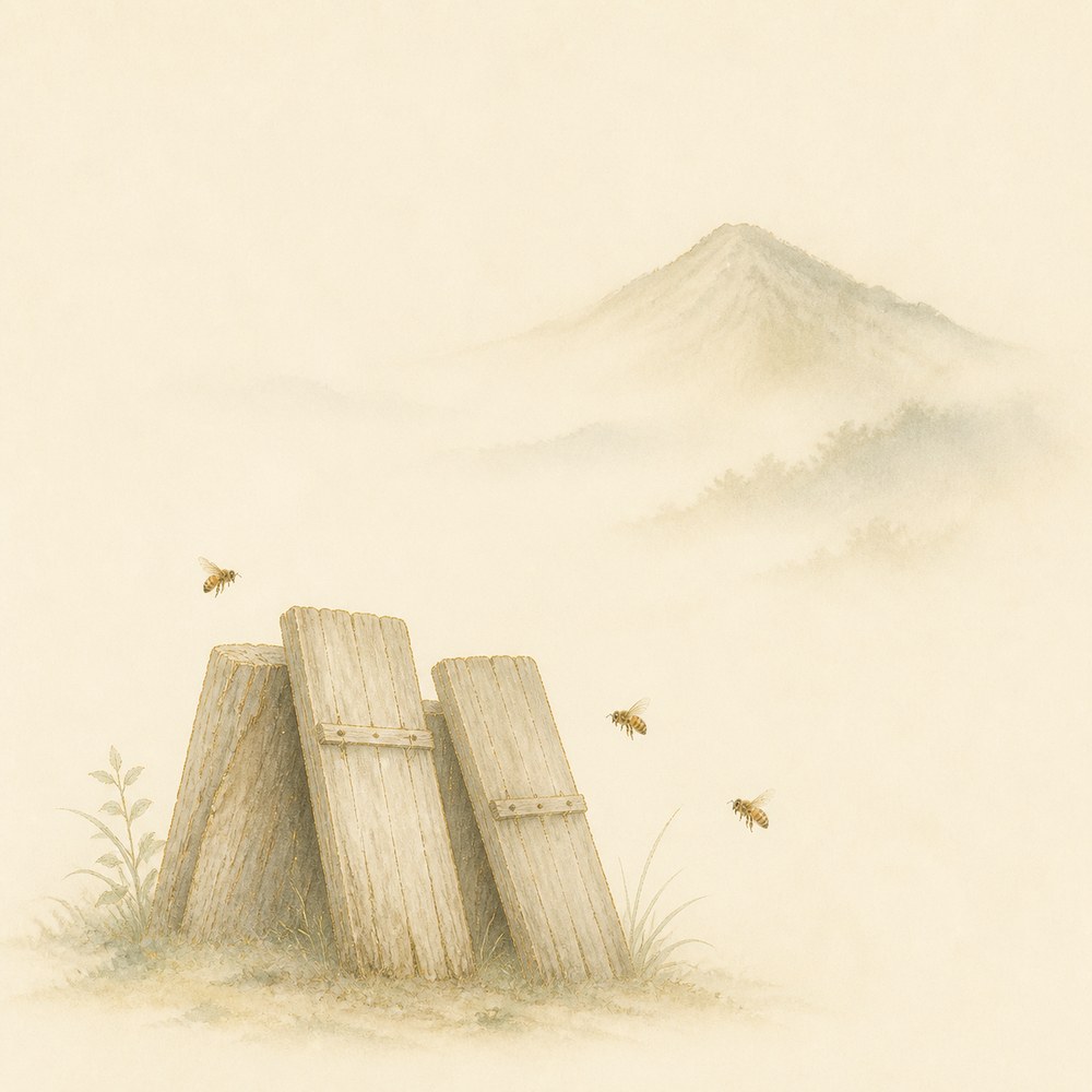 三輪山のふもとに置かれた古代の巣板とミツバチ——643年、日本書紀に残る日本最古の養蜂の記録