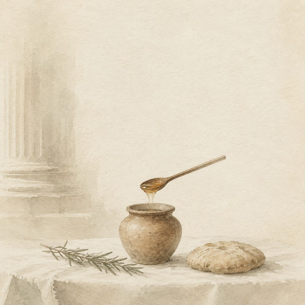 古代ローマの食卓に置かれた素焼きの蜜壺と木の匙、ローズマリーの小枝——ナルボンヌの蜜は執政官の蜜と伝えられる