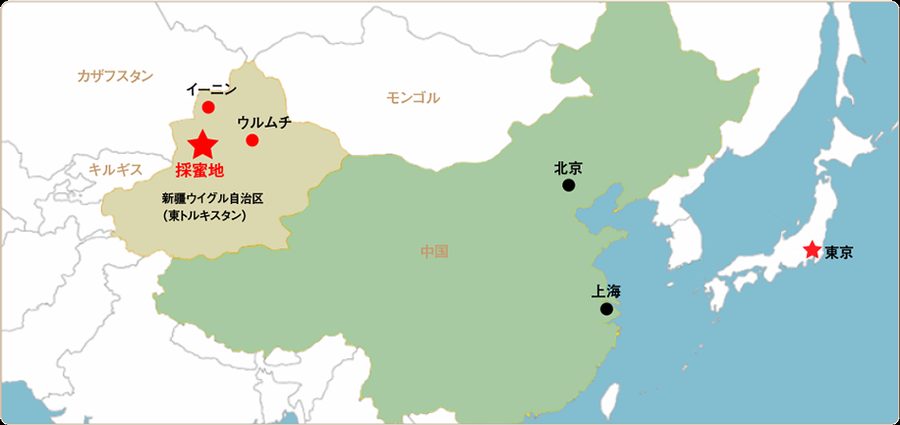 天山山脈の位置図——キルギスと新疆ウイグル自治区にまたがり、森羅万象 天山蜂蜜の採蜜地はイーニンから山へ入った草原