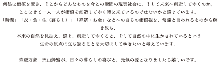 何処に価値を置き、そこからどんなものを今この瞬間の現実社会に、そして未来へ創造してゆくのか。 ここにきて一人一人が価値を創造してゆく時に来ているのではないかと感じています。 「時間」「衣・食・住（暮らし）」「経済・お金」などへの自らの価値観を、常識と言われるものから解き放ち、 本来の自然を見据え、感じ、創造してゆくこと、そして自然の中に生かされているという 生命の原点に立ち返ることを大切にしてゆきたいと考えています。 森羅万象　天山蜂蜜が、日々の暮らしの喜びと、元気の源となりましたら嬉しいです。